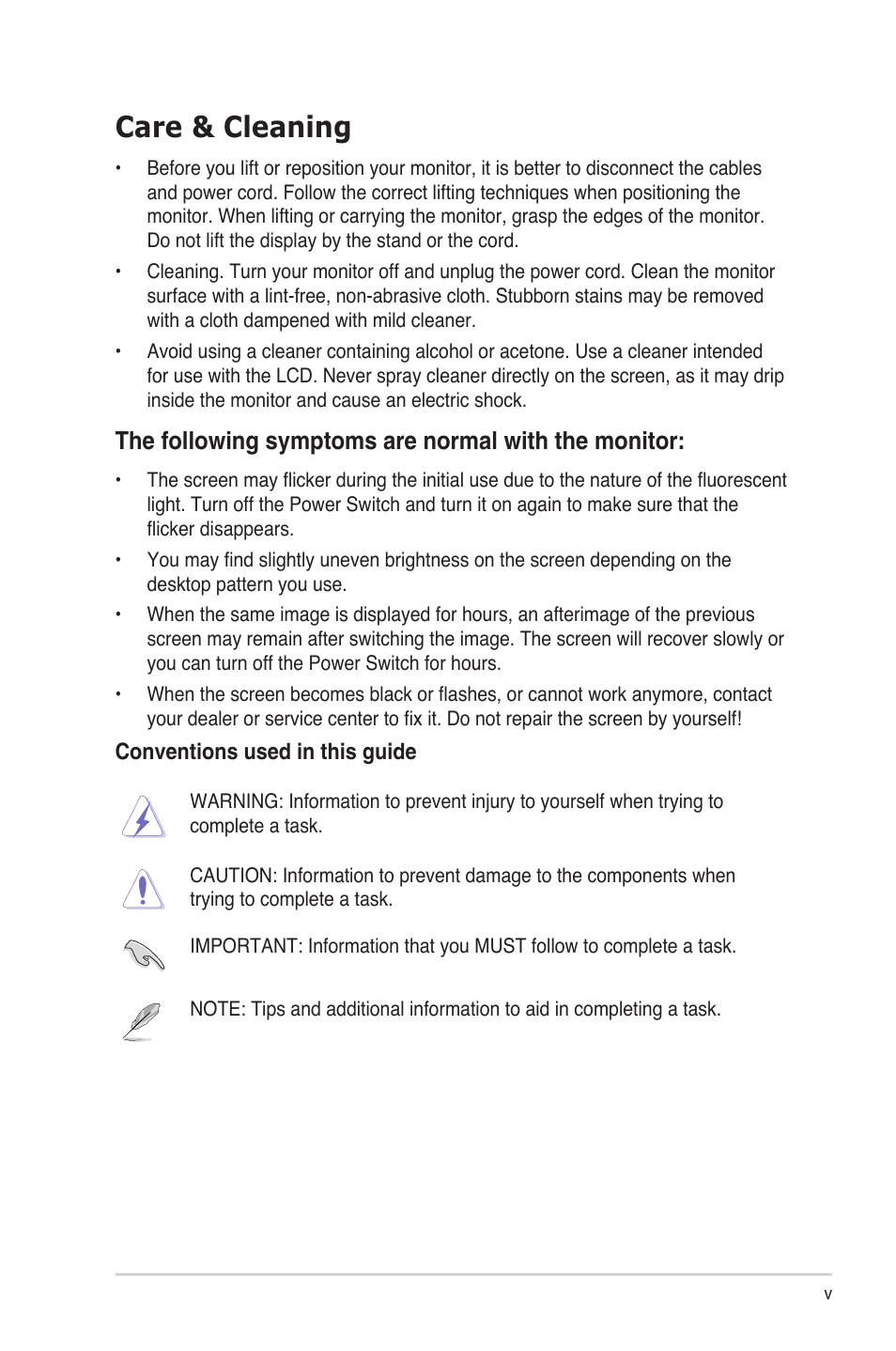 Care & cleaning, The following symptoms are normal with the monitor | Asus VW197DR User Manual | Page 5 / 21