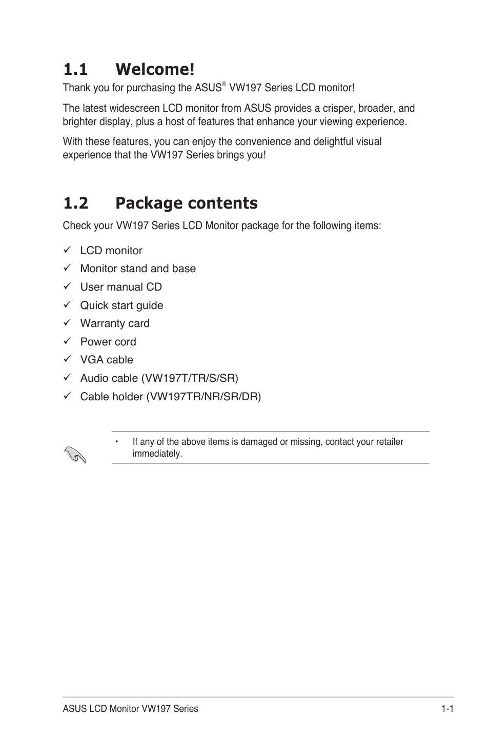 Welcome! -1, Package contents -1, 1 welcome | 2 package contents | Asus VW197DR User Manual | Page 7 / 21