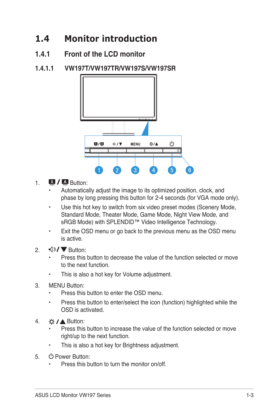 Monitor introduction -3, Front of the lcd monitor -3, 4 monitor introduction | 1 front of the lcd monitor | Asus VW197DR User Manual | Page 9 / 21