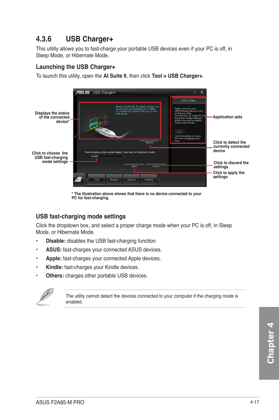 6 usb charger, Usb charger+ -17, Chapter 4 | Usb fast-charging mode settings, Launching the usb charger | Asus F2A85-M PRO User Manual | Page 111 / 165