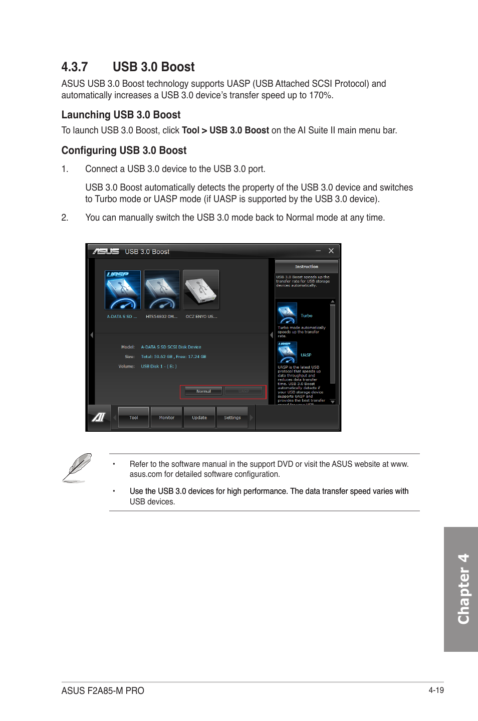 7 usb 3.0 boost, Usb 3.0 boost -19, Chapter 4 | Asus F2A85-M PRO User Manual | Page 113 / 165