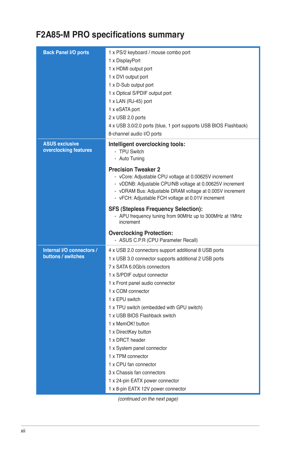 F2a85-m pro specifications summary | Asus F2A85-M PRO User Manual | Page 12 / 165