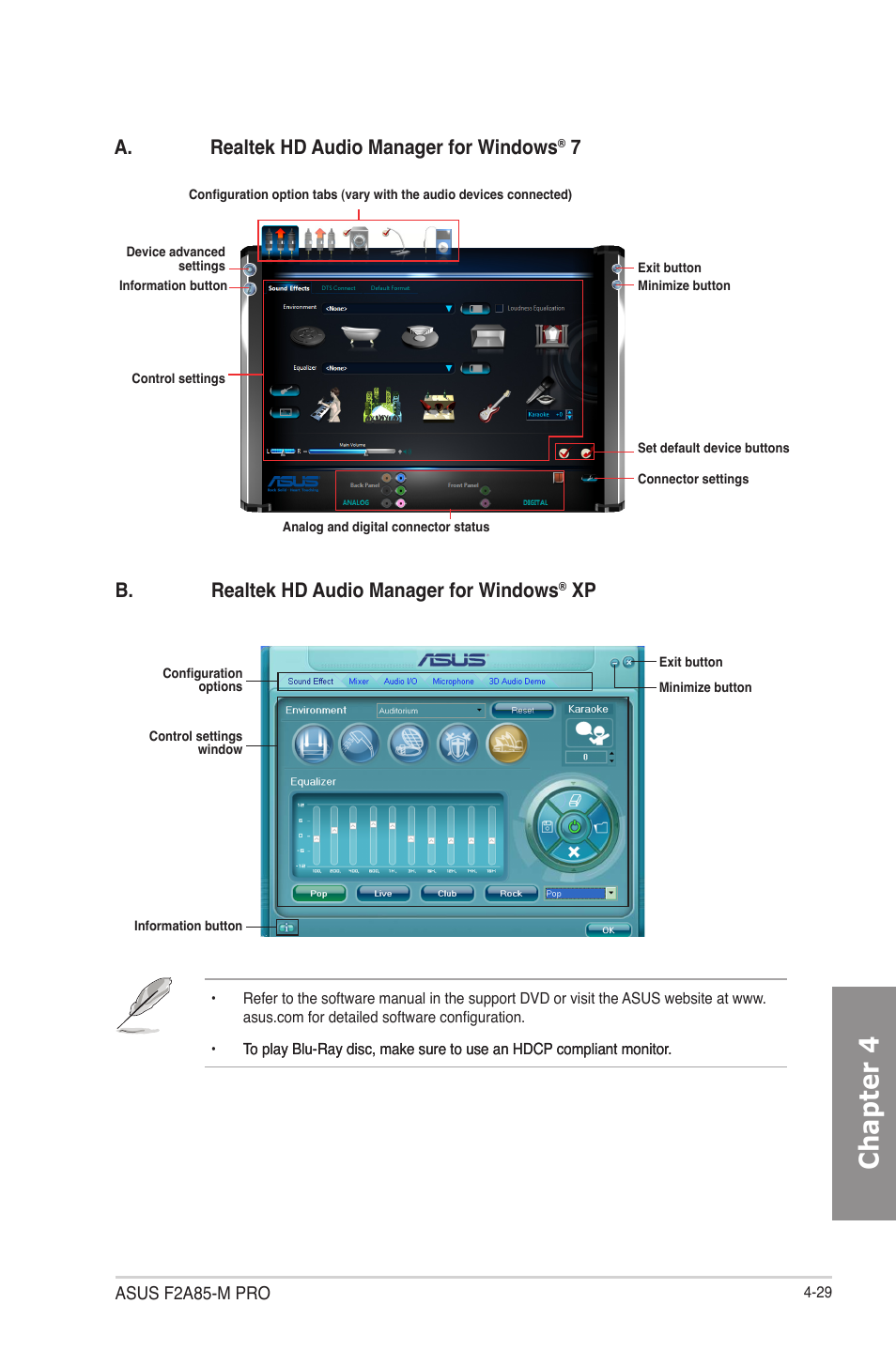 Chapter 4, B. realtek hd audio manager for windows, A. realtek hd audio manager for windows | Asus F2A85-M PRO User Manual | Page 123 / 165