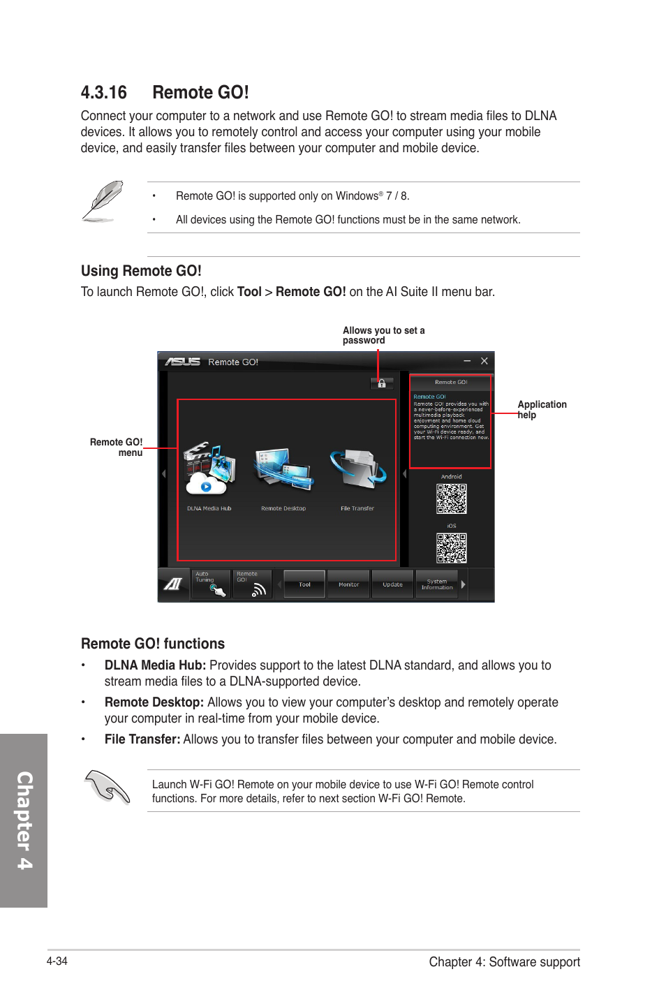 16 remote go, Remote go! -34, Chapter 4 | Using remote go, Remote go! functions | Asus F2A85-M PRO User Manual | Page 128 / 165