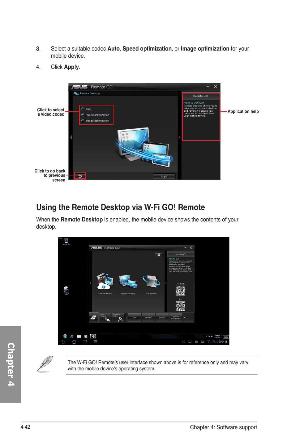 Chapter 4, Using the remote desktop via w-fi go! remote | Asus F2A85-M PRO User Manual | Page 136 / 165