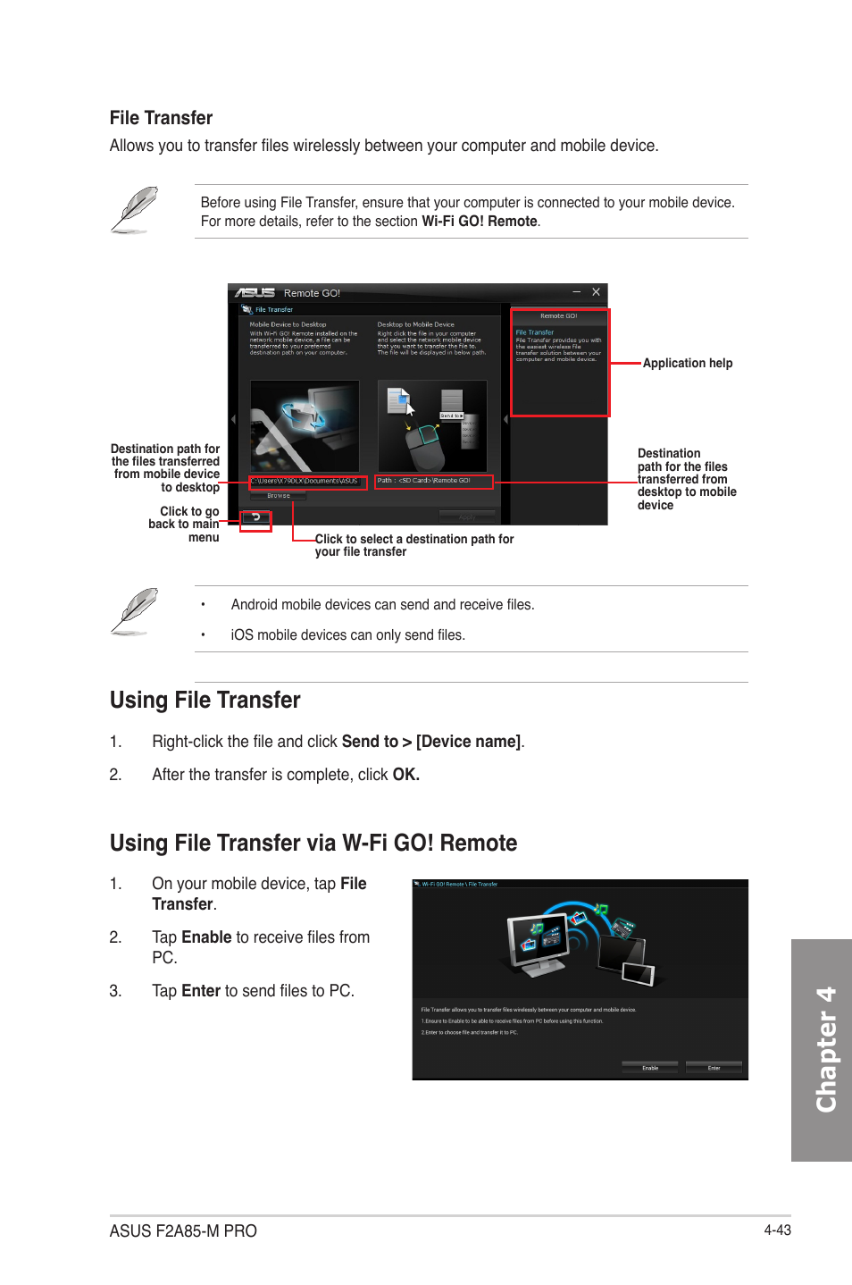 Chapter 4, Using file transfer, Using file transfer via w-fi go! remote | File transfer | Asus F2A85-M PRO User Manual | Page 137 / 165