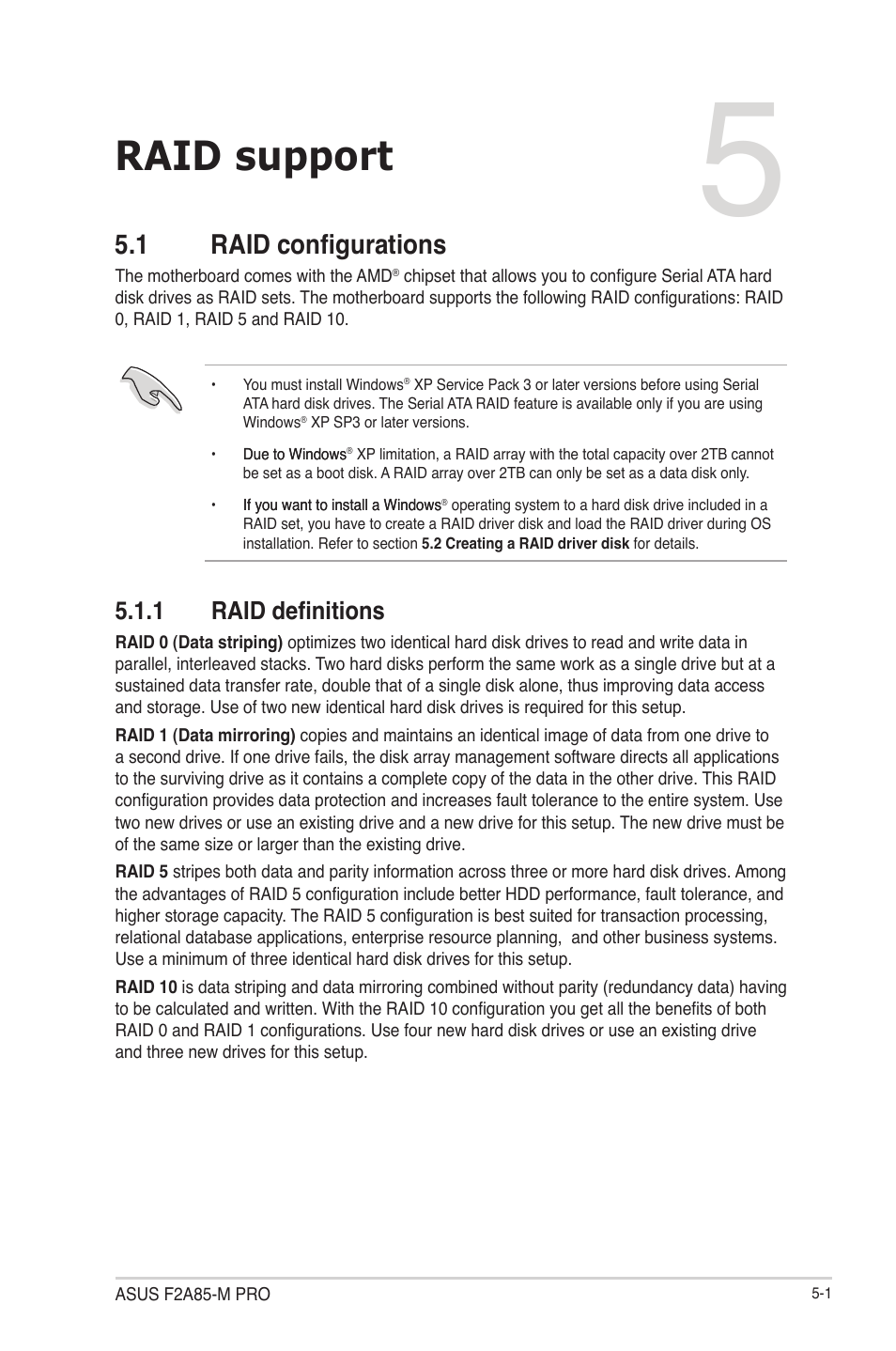 Chapter 5: raid support, 1 raid configurations, 1 raid definitions | Raid support, Raid configurations -1 5.1.1, Raid definitions -1, Chapter 5 | Asus F2A85-M PRO User Manual | Page 139 / 165