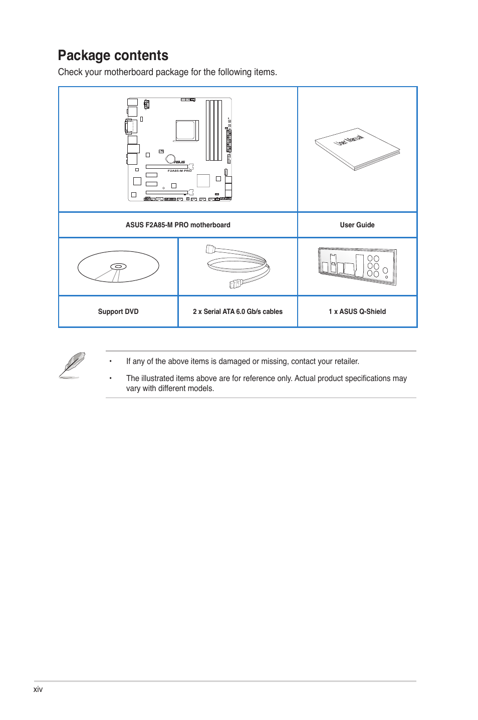 Package contents | Asus F2A85-M PRO User Manual | Page 14 / 165