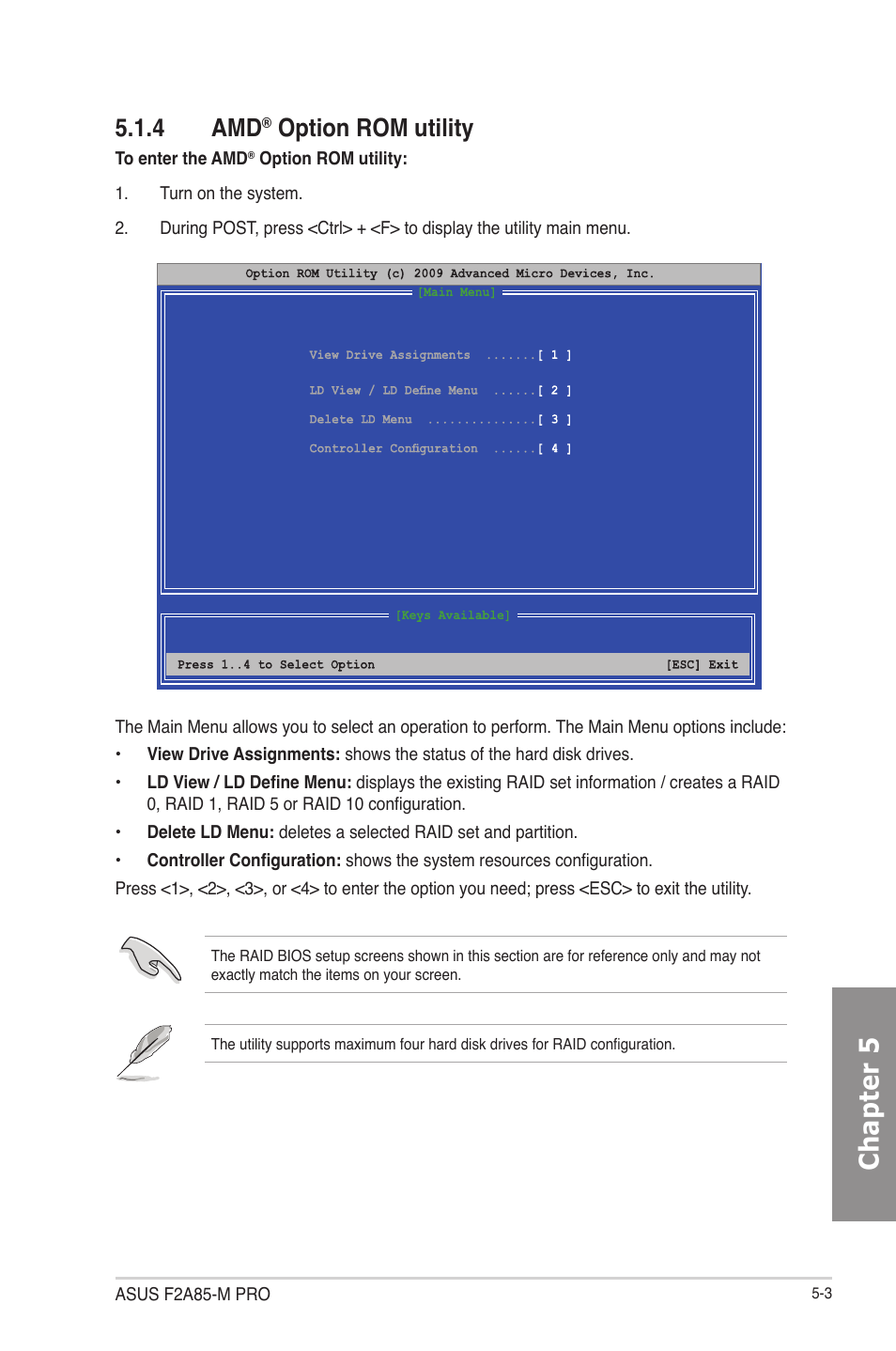 4 amd® option rom utility, Option rom utility -3, Chapter 5 | 4 amd, Option rom utility | Asus F2A85-M PRO User Manual | Page 141 / 165