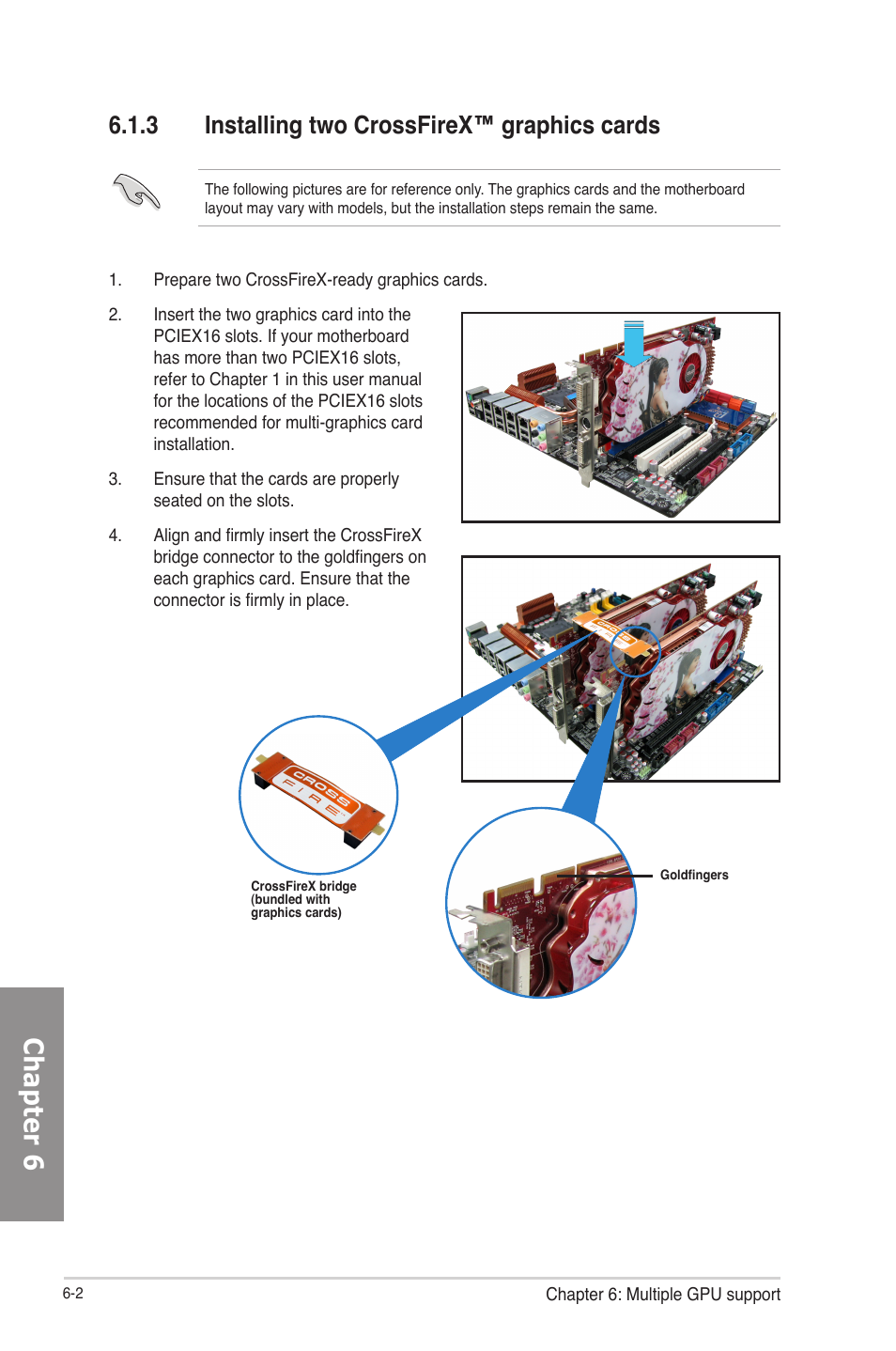 3 installing two crossfirex™ graphics cards, Installing two crossfirex™ graphics cards -2, Chapter 6 | Asus F2A85-M PRO User Manual | Page 150 / 165