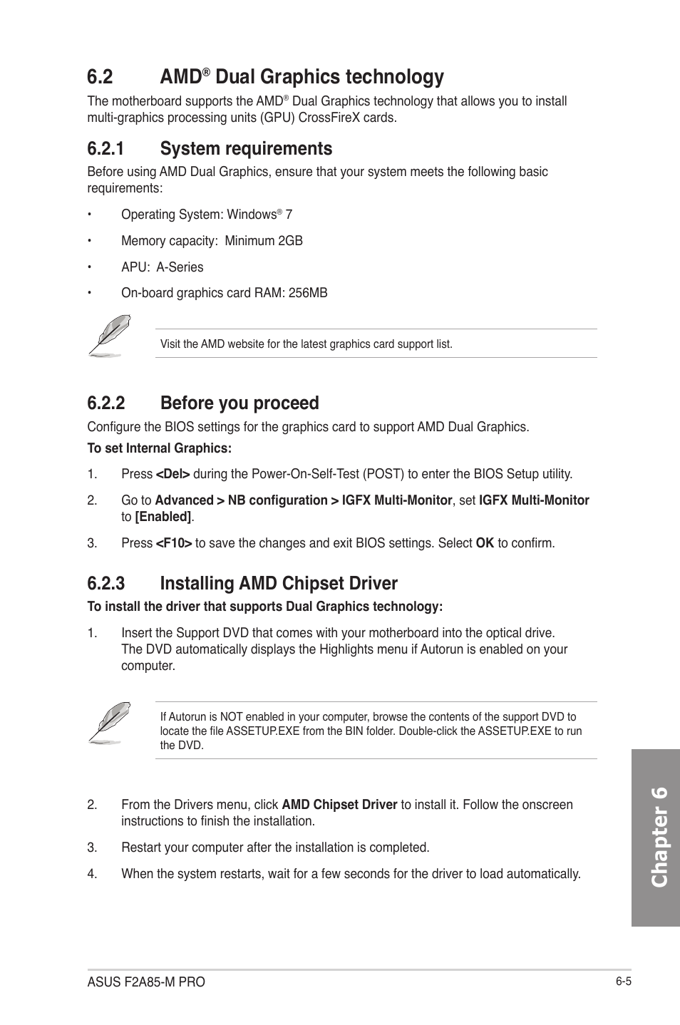 2 amd® dual graphics technology, 1 system requirements, 2 before you proceed | 3 installing amd chipset driver, Dual graphics technology -5, System requirements -5, Before you proceed -5, Installing amd chipset driver -5, Chapter 6 6.2 amd, Dual graphics technology | Asus F2A85-M PRO User Manual | Page 153 / 165