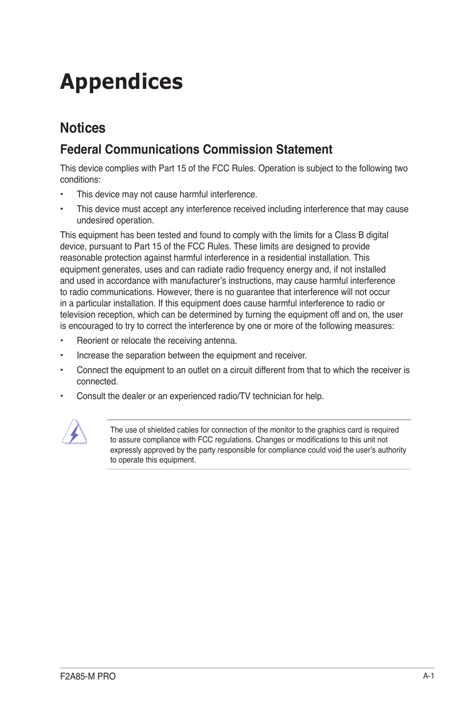 Appendices, Notices, Federal communications commission statement | Asus F2A85-M PRO User Manual | Page 161 / 165