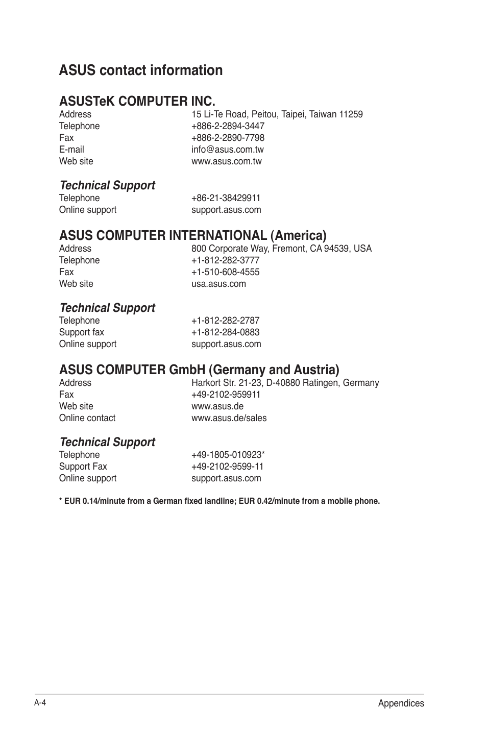 Asus contact information, Asustek computer inc, Asus computer international (america) | Asus computer gmbh (germany and austria), Technical support | Asus F2A85-M PRO User Manual | Page 164 / 165