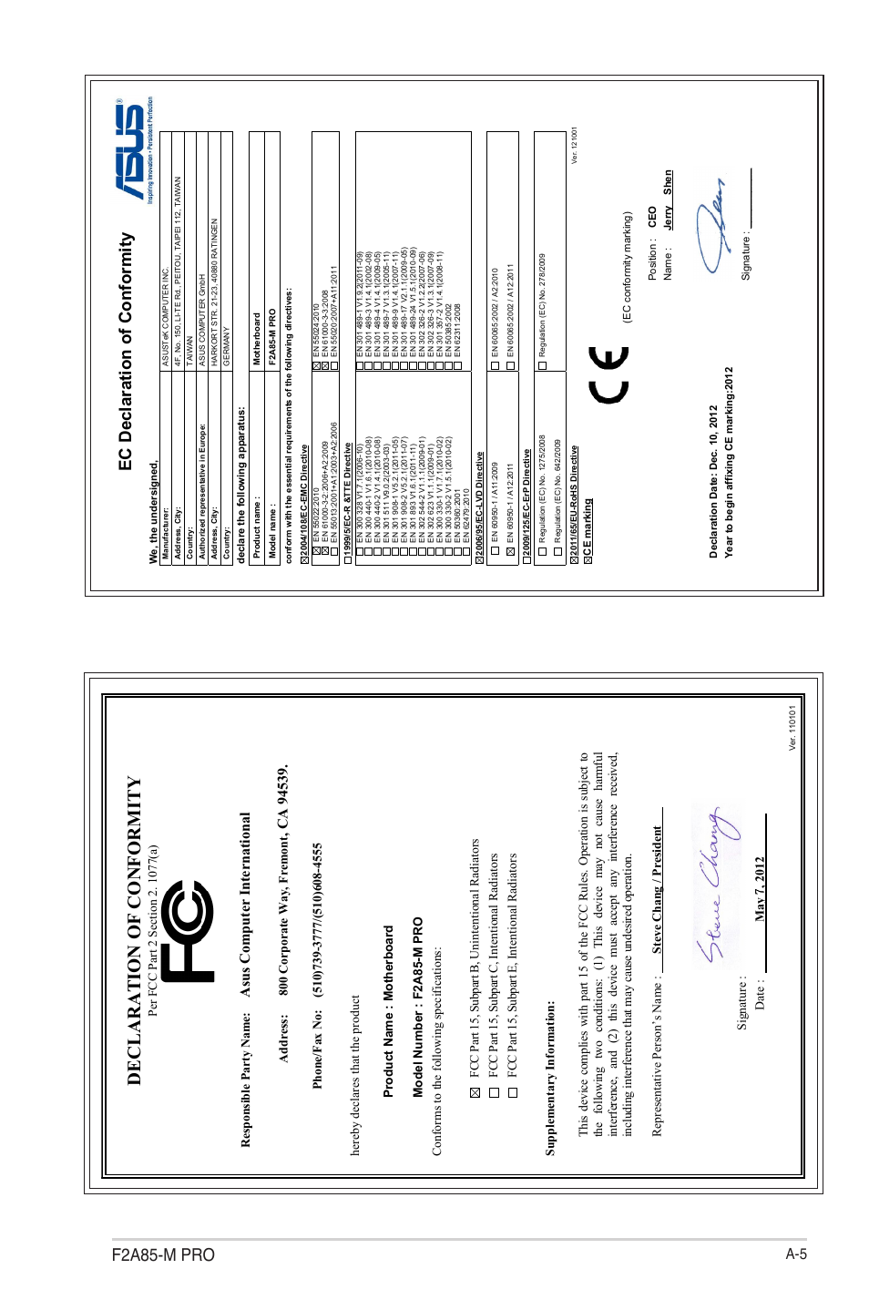 Declaration of conformity, F2a85-m pro, Ec declaration of conformity | Asu s c om pu te r in te rn at io na l | Asus F2A85-M PRO User Manual | Page 165 / 165