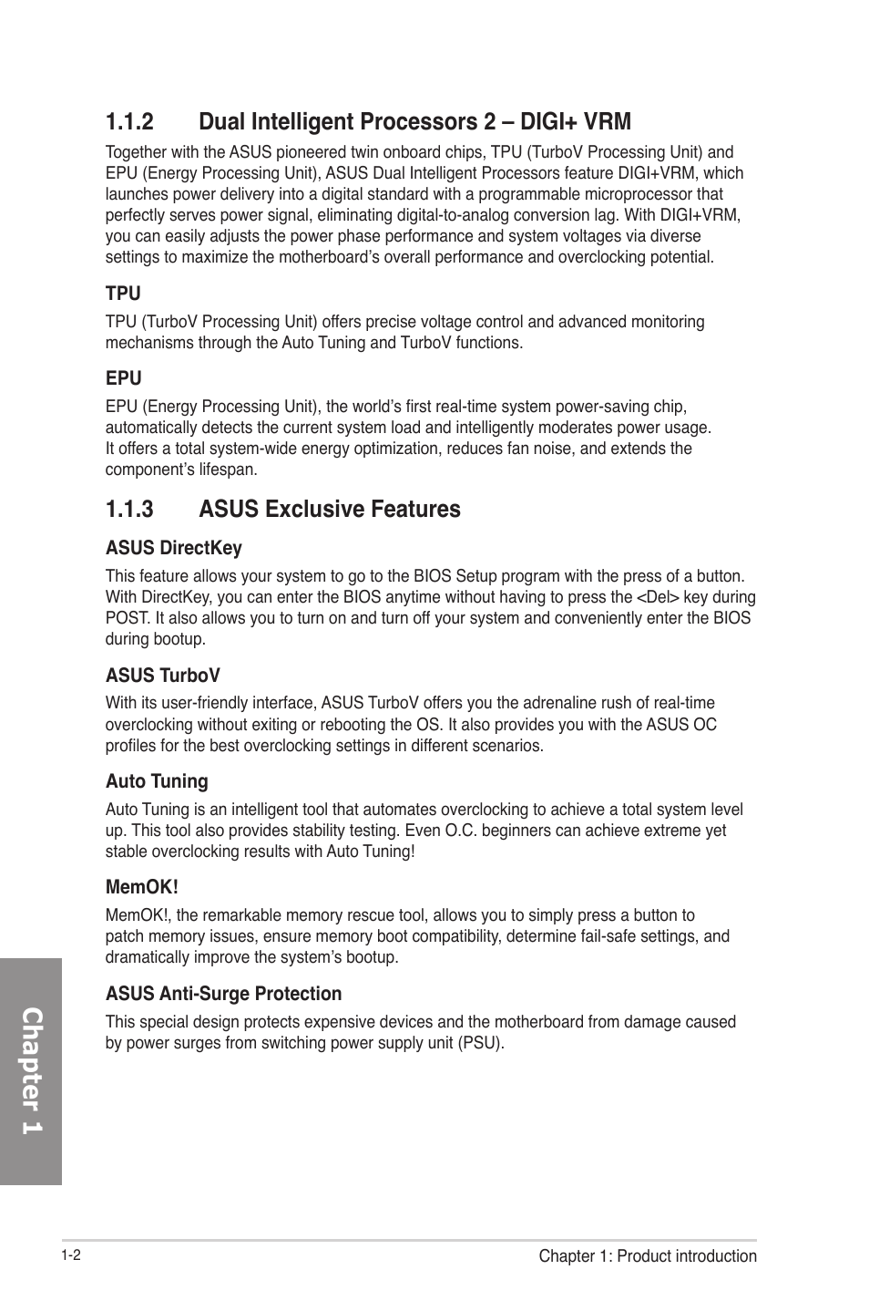 2 dual intelligent processors 2 – digi+ vrm, 3 asus exclusive features, Dual intelligent processors 2 – digi+ vrm -2 | Asus exclusive features -2, Chapter 1 | Asus F2A85-M PRO User Manual | Page 18 / 165