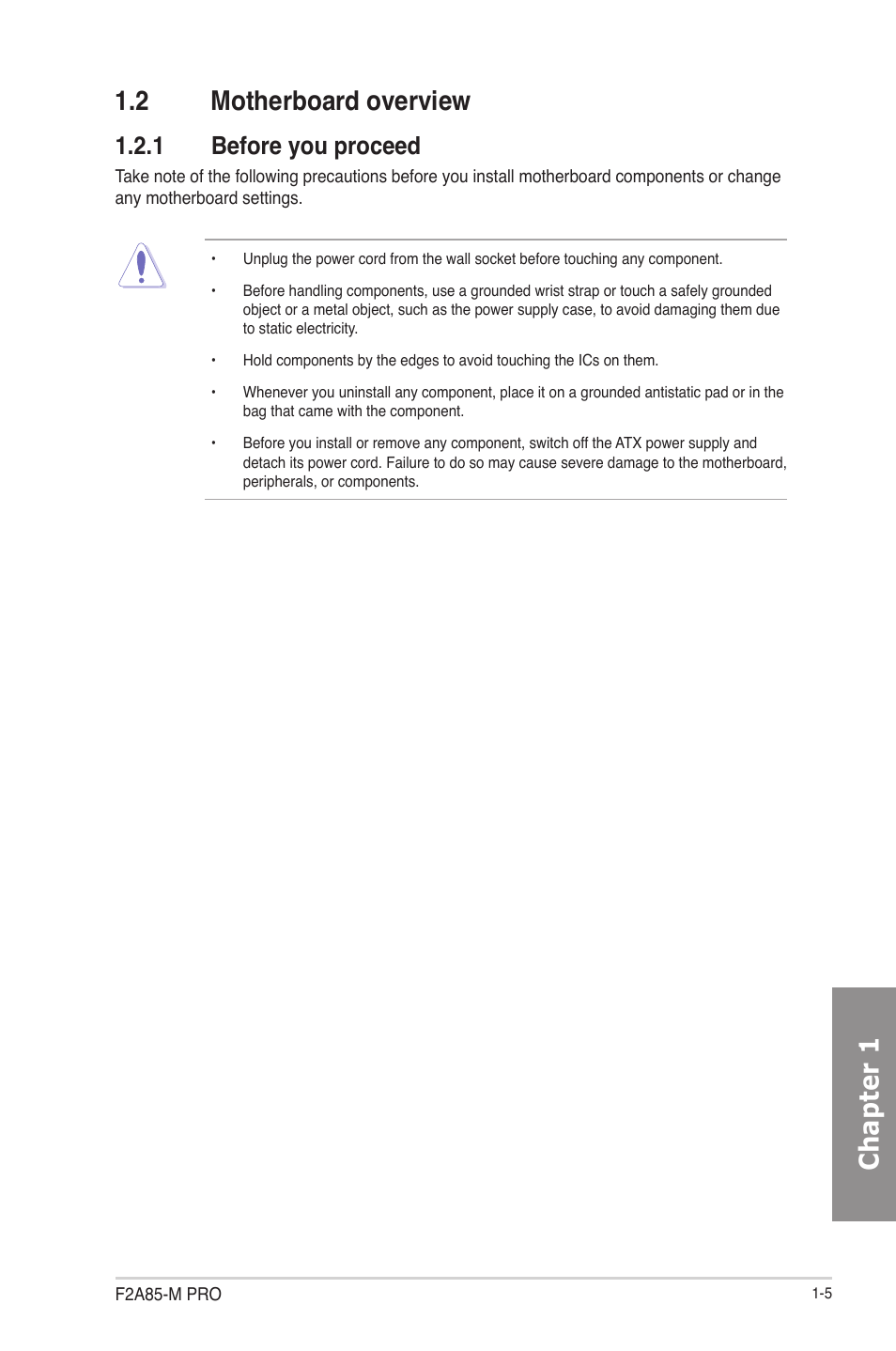 2 motherboard overview, 1 before you proceed, Motherboard overview -5 1.2.1 | Before you proceed -5, Chapter 1, Chapter 1 1.2 motherboard overview | Asus F2A85-M PRO User Manual | Page 21 / 165