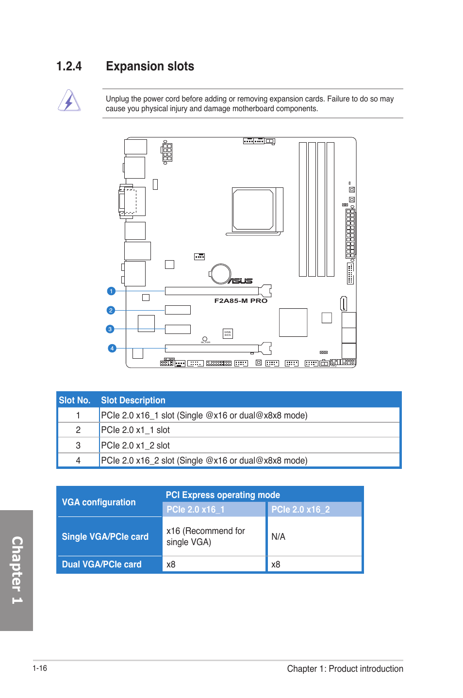 4 expansion slots, Expansion slots -16, Chapter 1 | Asus F2A85-M PRO User Manual | Page 32 / 165