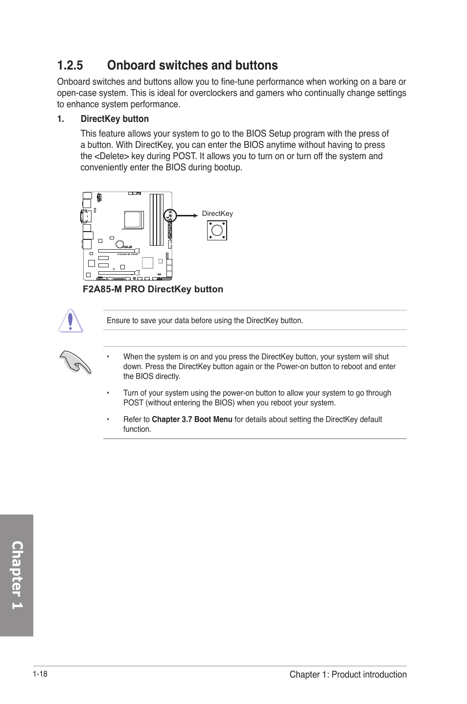 5 onboard switches and buttons, Onboard switches and buttons -18, Chapter 1 | Asus F2A85-M PRO User Manual | Page 34 / 165