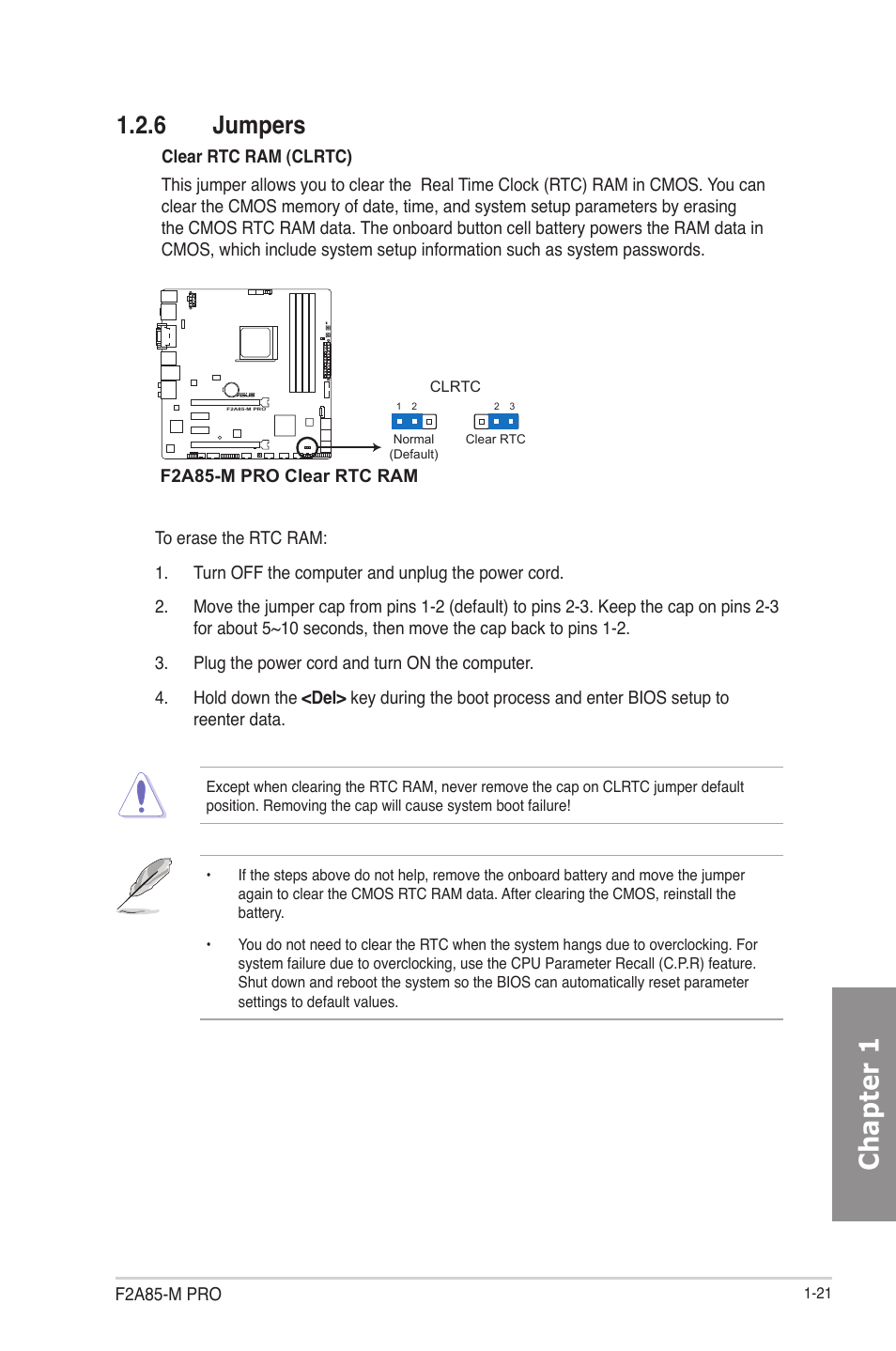 6 jumpers, Jumpers -21, Chapter 1 | Asus F2A85-M PRO User Manual | Page 37 / 165