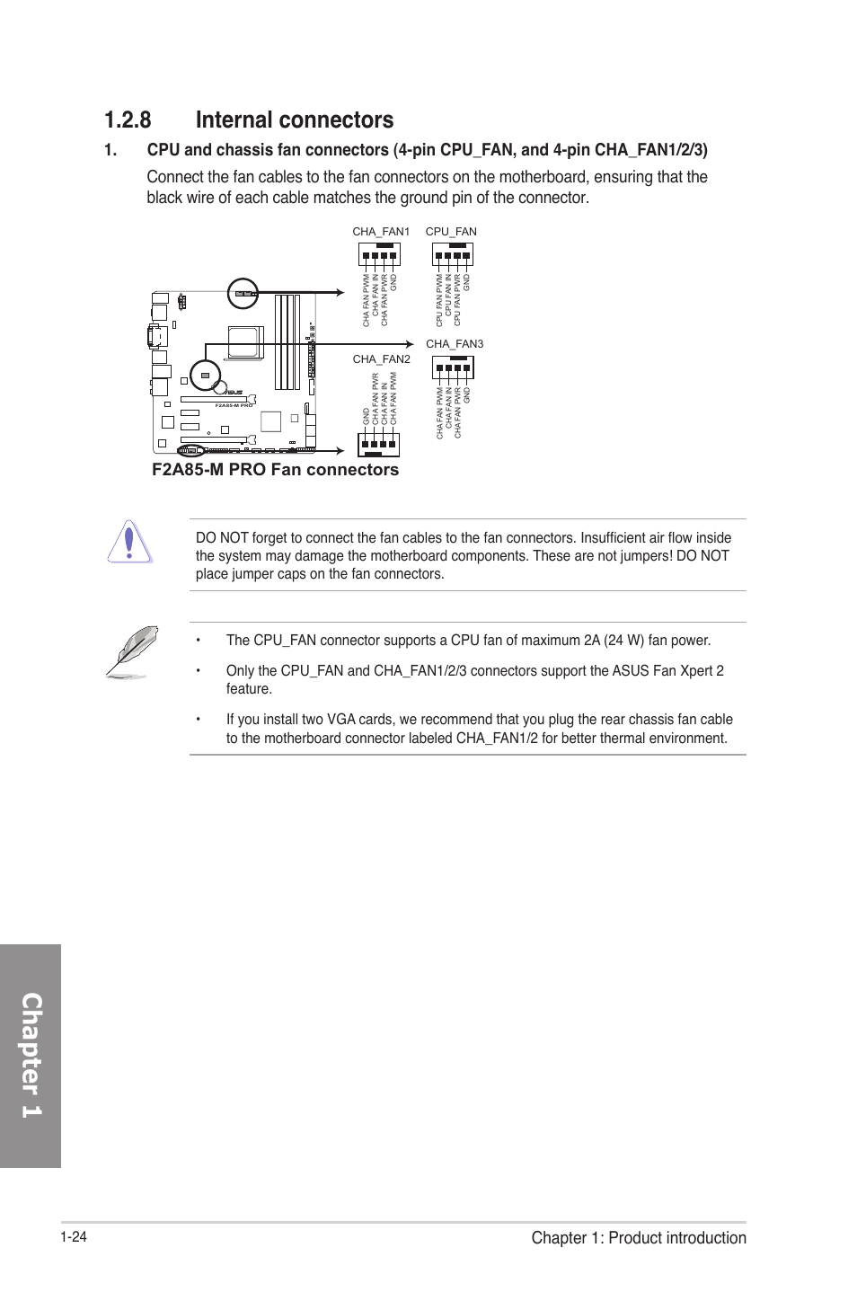 8 internal connectors, Internal connectors -24, Chapter 1 | Chapter 1: product introduction, F2a85-m pro fan connectors | Asus F2A85-M PRO User Manual | Page 40 / 165