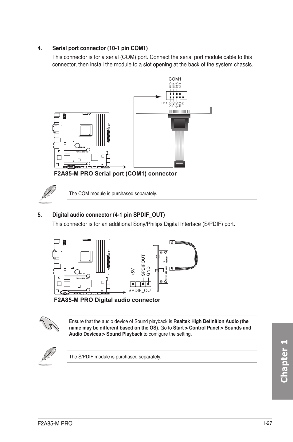 Chapter 1, F2a85-m pro, F2a85-m pro serial port (com1) connector | F2a85-m pro digital audio connector | Asus F2A85-M PRO User Manual | Page 43 / 165