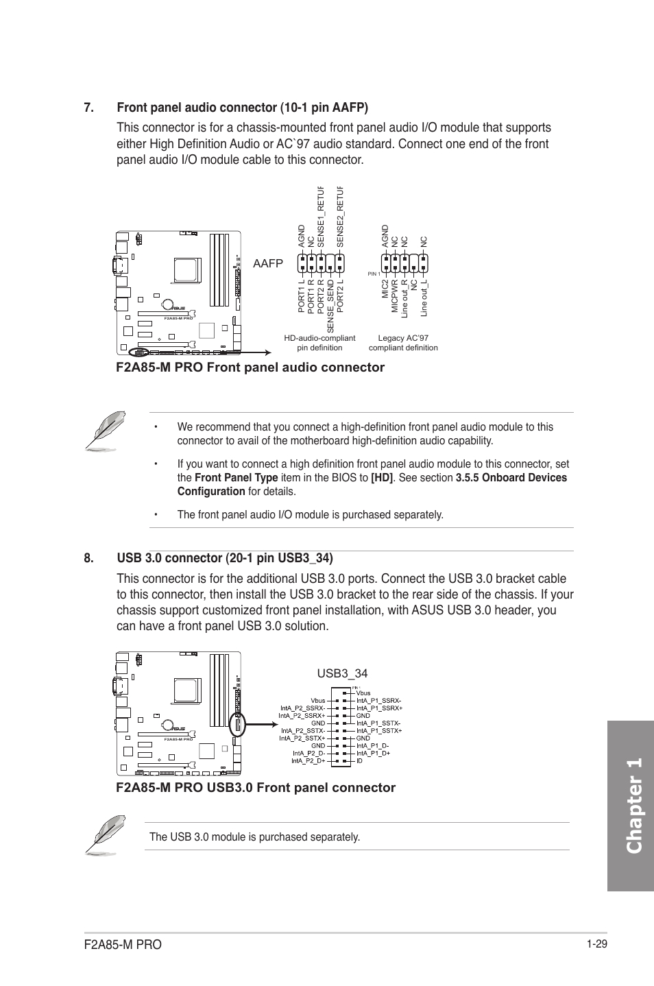 Chapter 1, F2a85-m pro, F2a85-m pro front panel audio connector | Asus F2A85-M PRO User Manual | Page 45 / 165