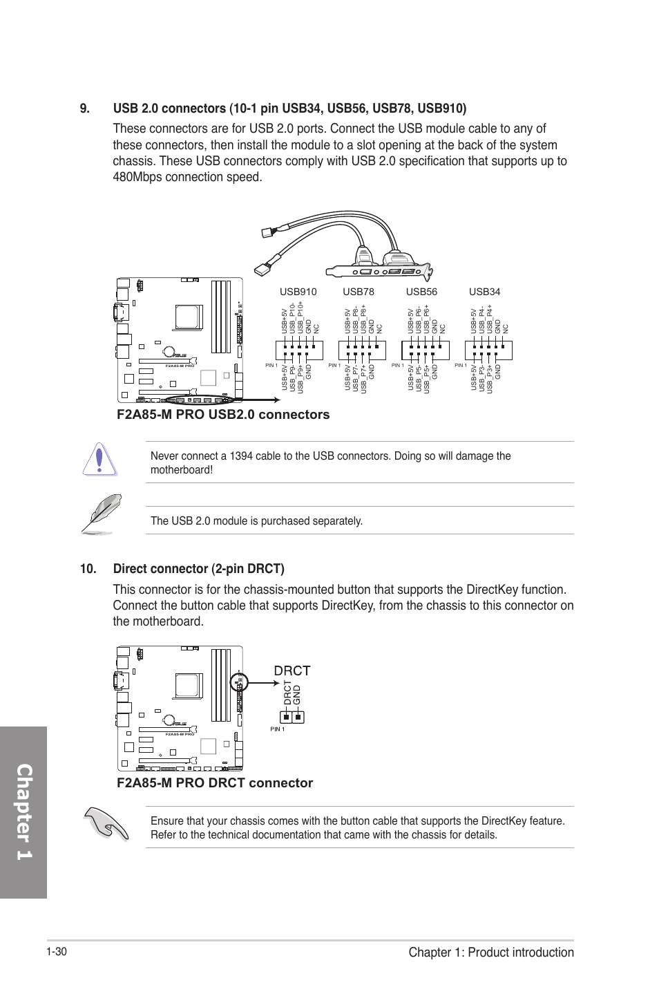 Chapter 1, Chapter 1: product introduction, F2a85-m pro drct connector | Asus F2A85-M PRO User Manual | Page 46 / 165