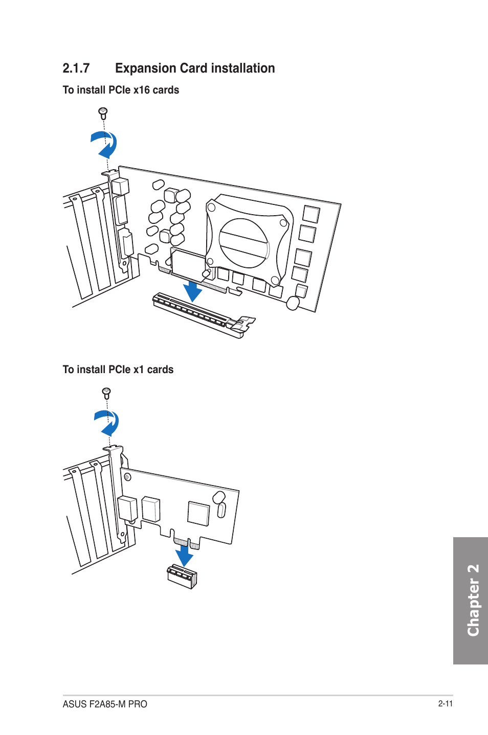 7 expansion card installation, Expansion card installation -11, Chapter 2 | Asus F2A85-M PRO User Manual | Page 59 / 165