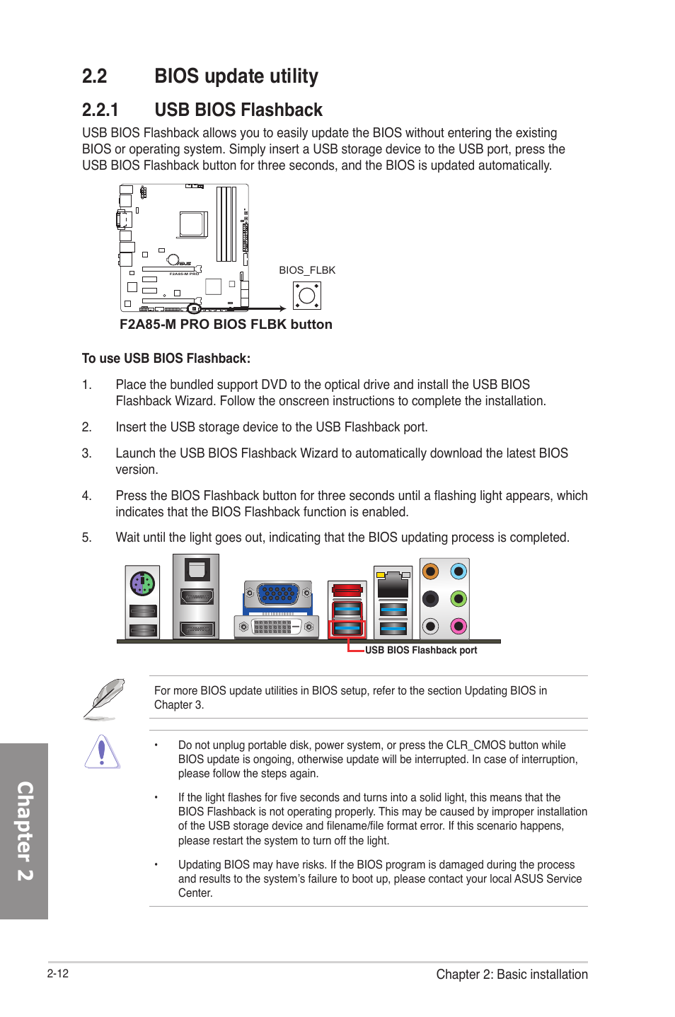 2 bios update utility, 1 usb bios flashback, Bios update utility -12 2.2.1 | Usb bios flashback -12, Chapter 2 2.2 bios update utility | Asus F2A85-M PRO User Manual | Page 60 / 165