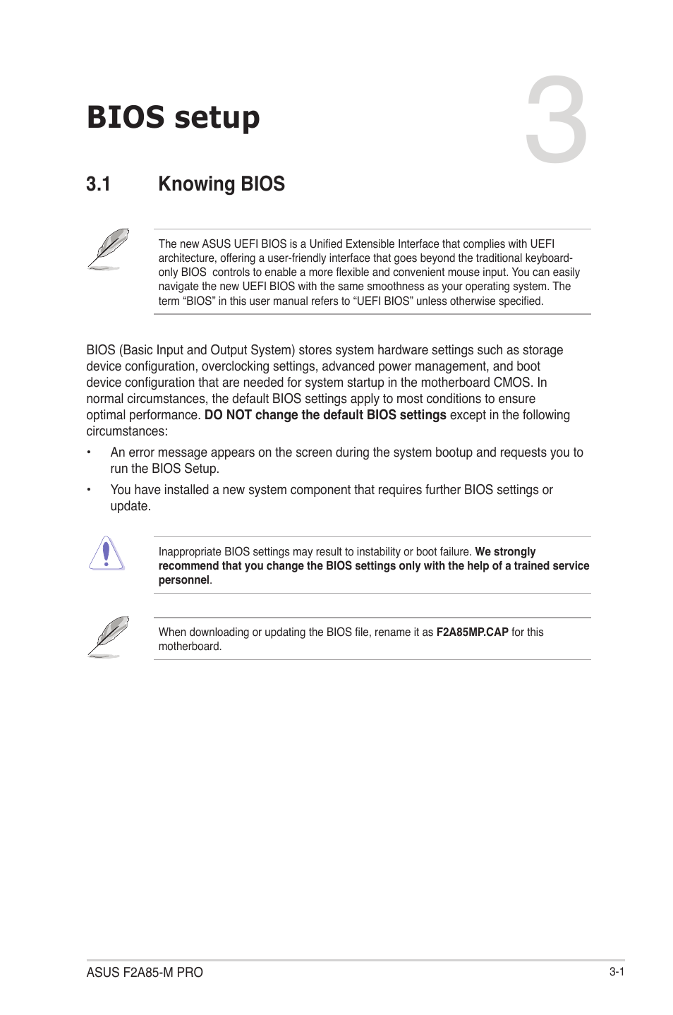 Chapter 3: bios setup, 1 knowing bios, Bios setup | Knowing bios -1 | Asus F2A85-M PRO User Manual | Page 67 / 165