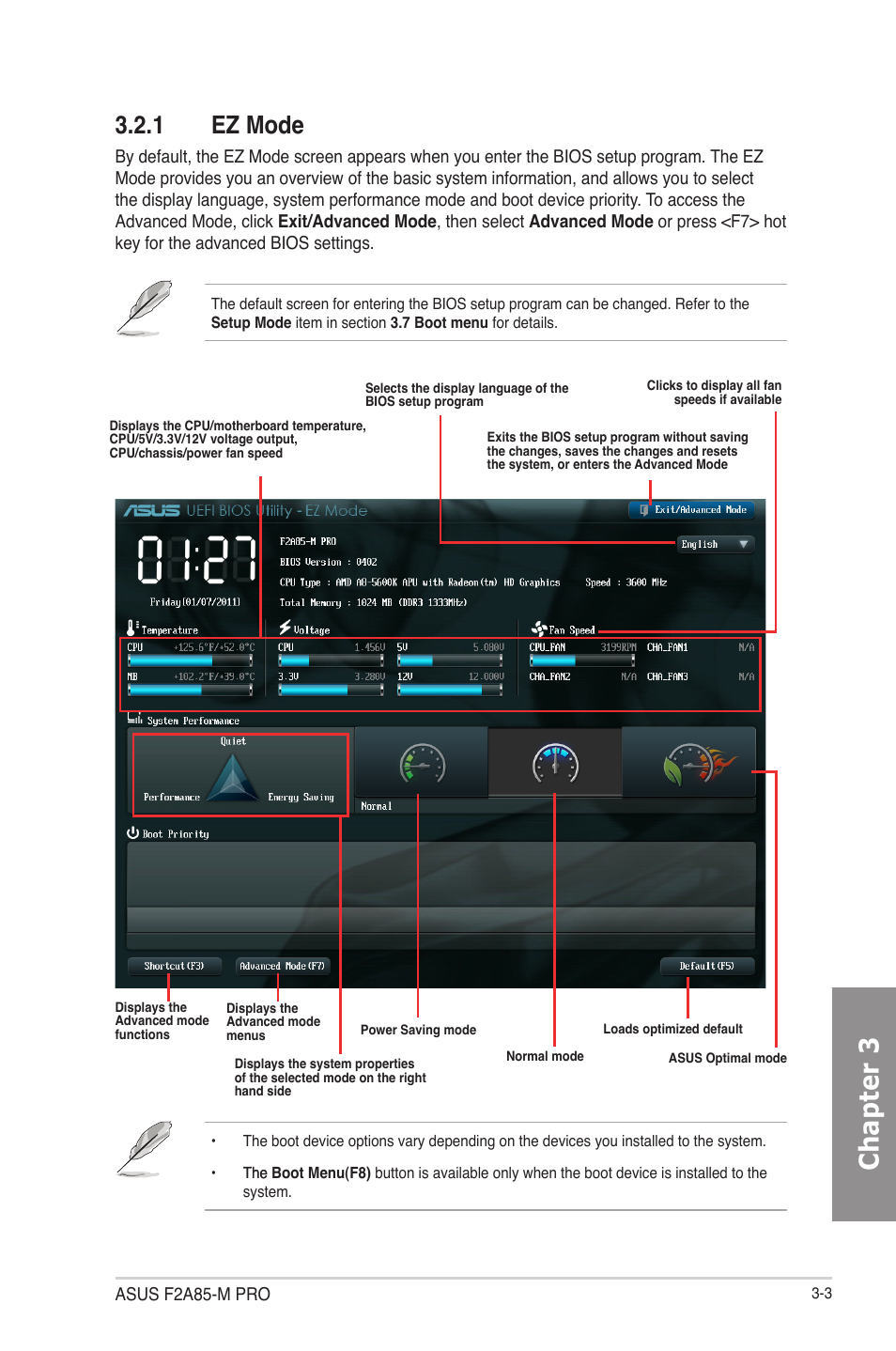 1 ez mode, Ez mode -3, Chapter 3 | Asus F2A85-M PRO User Manual | Page 69 / 165