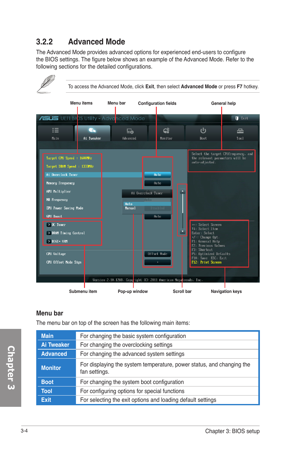 2 advanced mode, Advanced mode -4, Chapter 3 | Asus F2A85-M PRO User Manual | Page 70 / 165