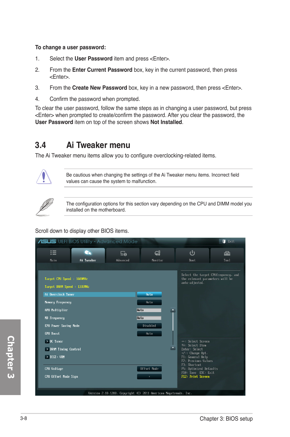 4 ai tweaker menu, Ai tweaker menu -8, Chapter 3 | Asus F2A85-M PRO User Manual | Page 74 / 165