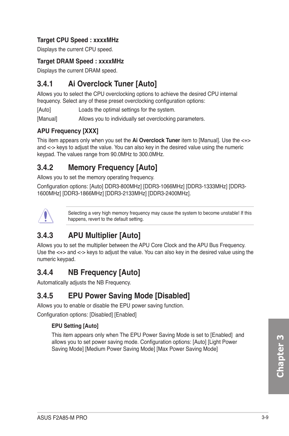 1 ai overclock tuner [auto, 2 memory frequency [auto, 3 apu multiplier [auto | 4 nb frequency [auto, 5 epu power saving mode [disabled, Ai overclock tuner [auto] -9, Memory frequency [auto] -9, Apu multiplier [auto] -9, Nb frequency [auto] -9, Epu power saving mode [disabled] -9 | Asus F2A85-M PRO User Manual | Page 75 / 165