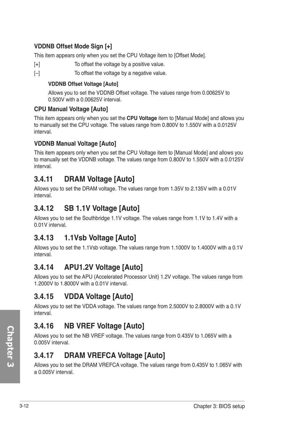 11 dram voltage [auto, 12 sb 1.1v voltage [auto, 13 1.1vsb voltage [auto | 14 apu1.2v voltage [auto, 15 vdda voltage [auto, 16 nb vref voltage [auto, 17 dram vrefca voltage [auto, Dram voltage [auto] -12, Sb 1.1v voltage [auto] -12, 1vsb voltage [auto] -12 | Asus F2A85-M PRO User Manual | Page 78 / 165