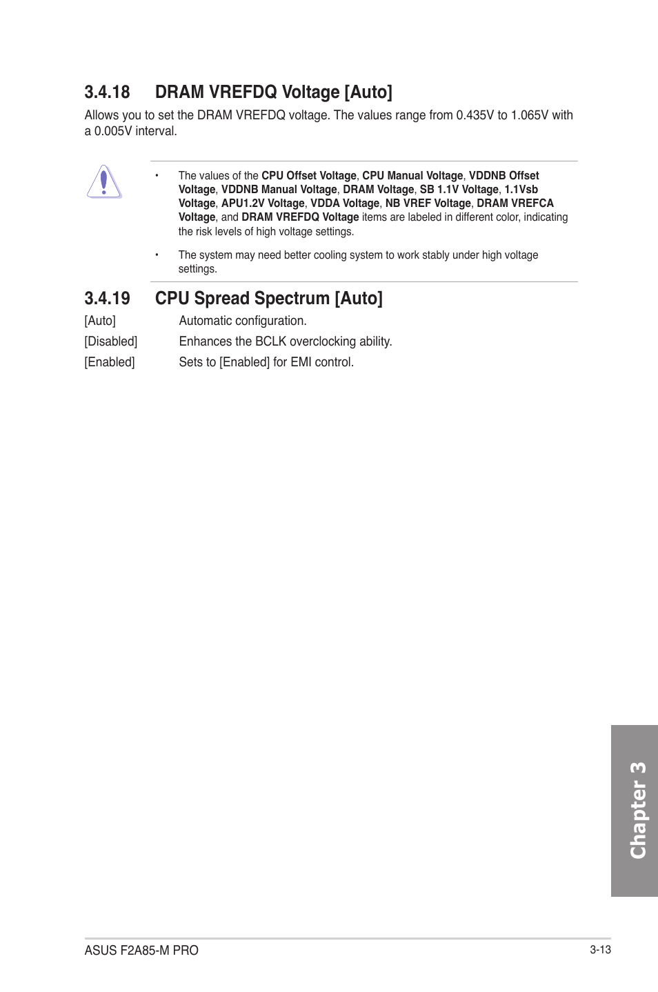 18 dram vrefdq voltage [auto, 19 cpu spread spectrum [auto, Dram vrefdq voltage [auto] -13 | Cpu spread spectrum [auto] -13, Chapter 3 | Asus F2A85-M PRO User Manual | Page 79 / 165