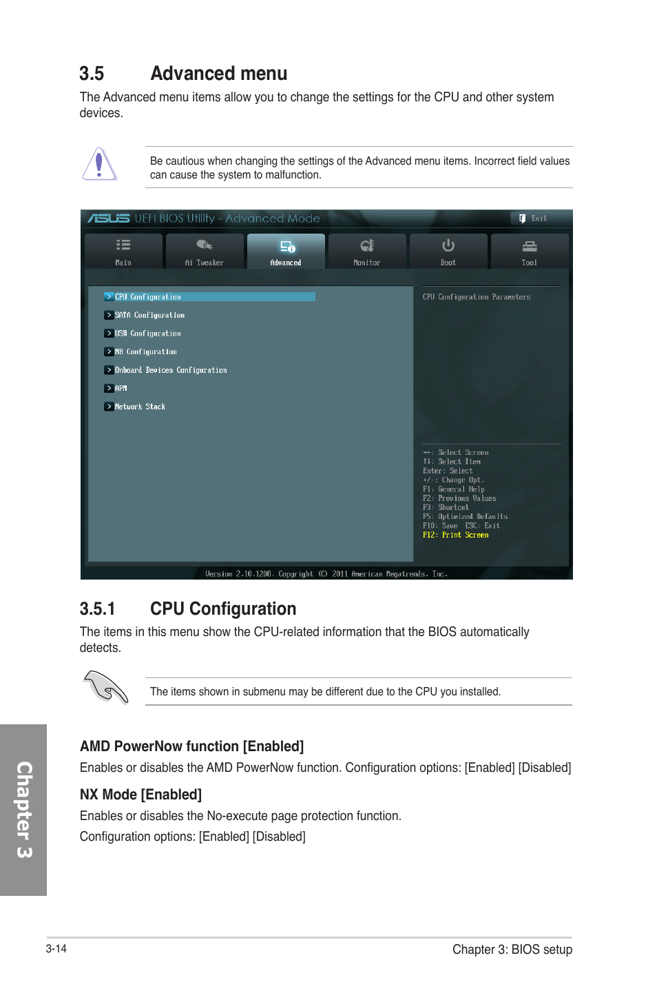 5 advanced menu, 1 cpu configuration, Advanced menu -14 3.5.1 | Cpu configuration -14, Chapter 3 | Asus F2A85-M PRO User Manual | Page 80 / 165