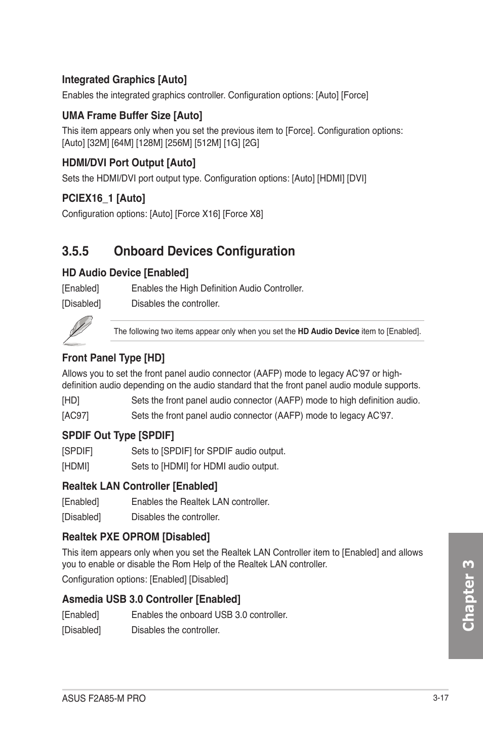 5 onboard devices configuration, Onboard devices configuration -17, Chapter 3 | Asus F2A85-M PRO User Manual | Page 83 / 165