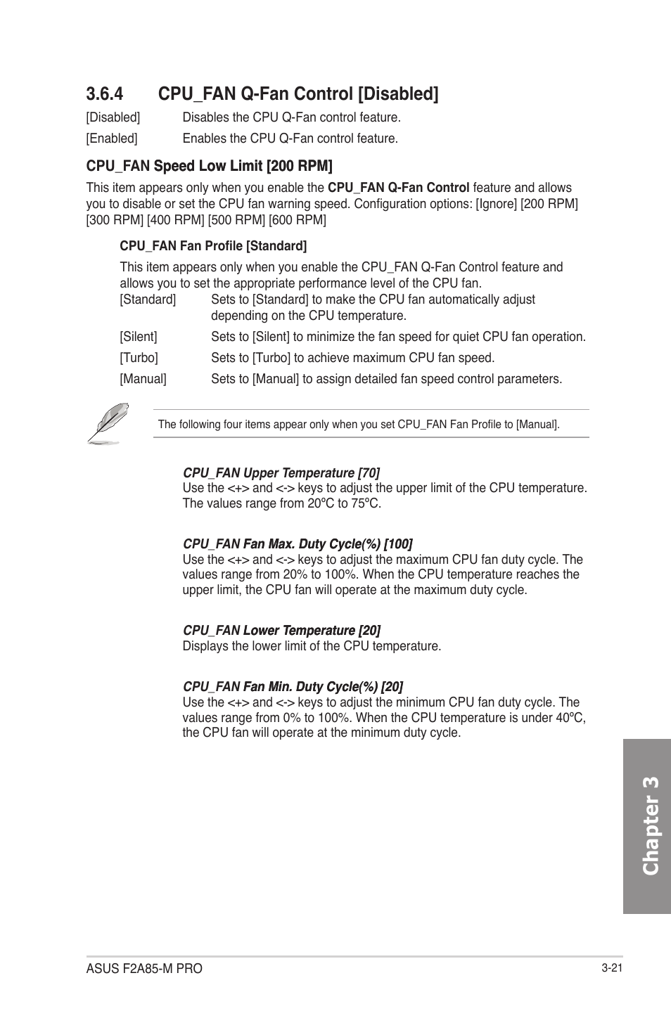 4 cpu_fan q-fan control [disabled, Cpu_fan q-fan control [disabled] -21, Chapter 3 | Asus F2A85-M PRO User Manual | Page 87 / 165