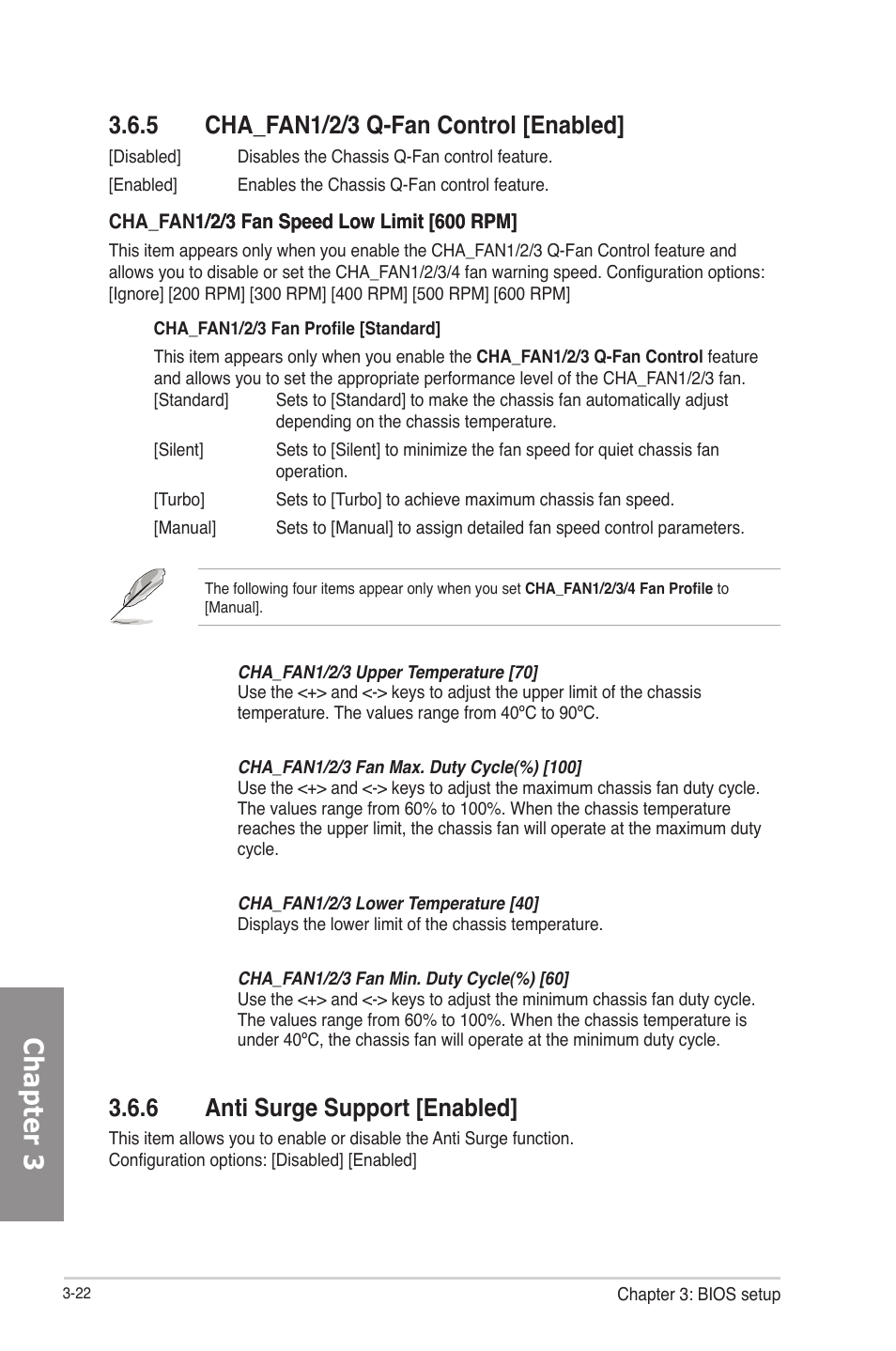 5 cha_fan1/2/3 q-fan control [enabled, 6 anti surge support [enabled, Cha_fan1/2/3 q-fan control [enabled] -22 | Anti surge support [enabled] -22, Chapter 3 | Asus F2A85-M PRO User Manual | Page 88 / 165