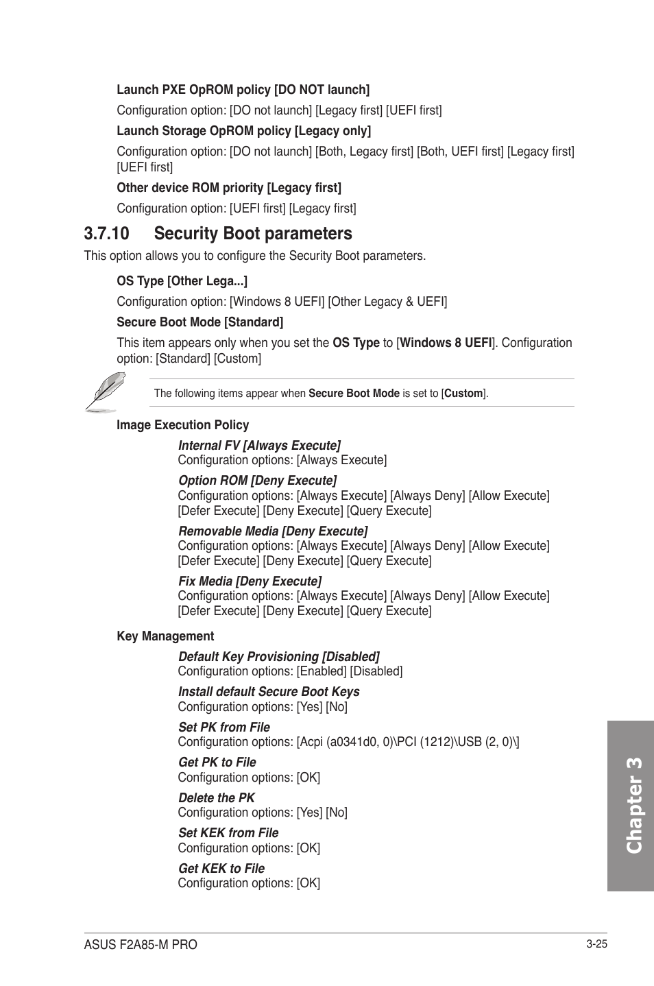 10 security boot parameters, Security boot parameters -25, Chapter 3 | Asus F2A85-M PRO User Manual | Page 91 / 165