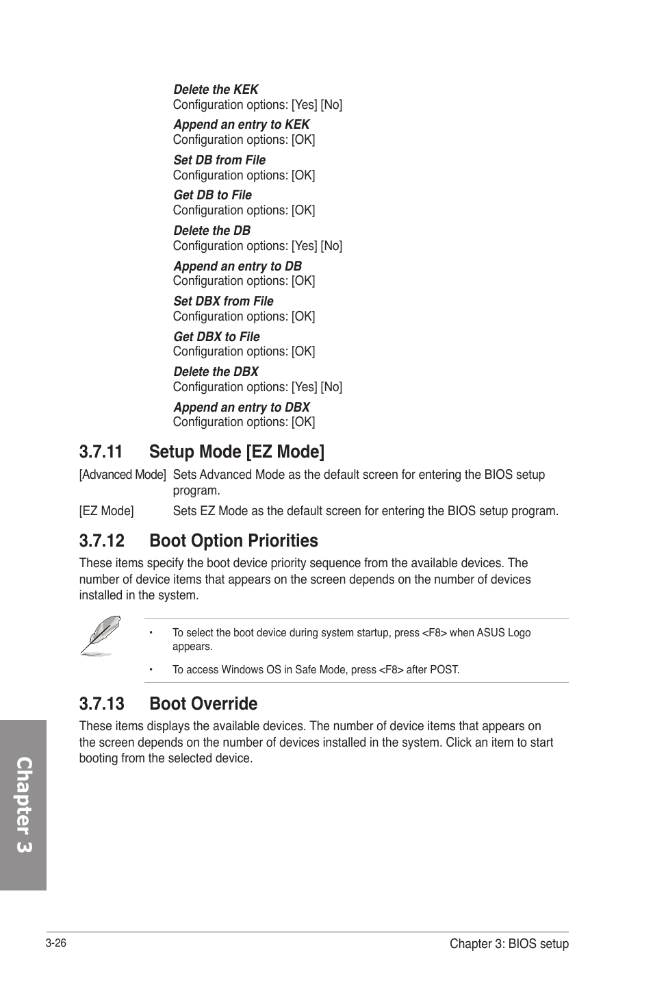 11 setup mode [ez mode, 12 boot option priorities, 13 boot override | Setup mode [ez mode] -26, Boot option priorities -26, Boot override -26, Chapter 3 | Asus F2A85-M PRO User Manual | Page 92 / 165