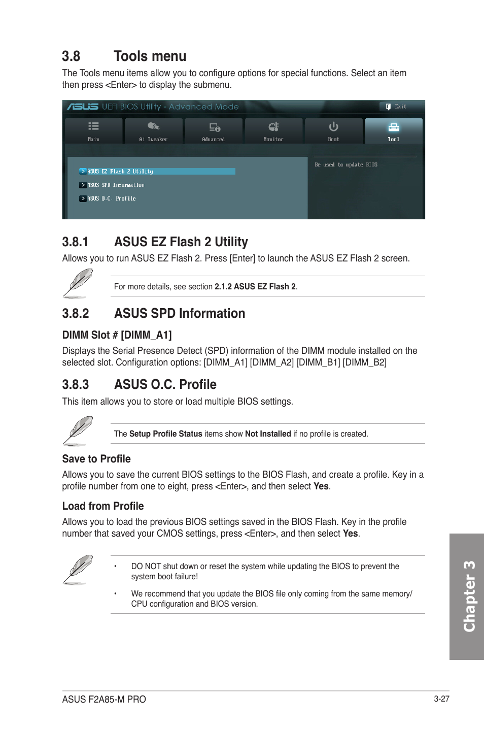 8 tools menu, 1 asus ez flash 2 utility, 2 asus spd information | 3 asus o.c. profile, Tools menu -27 3.8.1, Asus ez flash 2 utility -27, Asus spd information -27, Asus o.c. profile -27, Chapter 3 | Asus F2A85-M PRO User Manual | Page 93 / 165