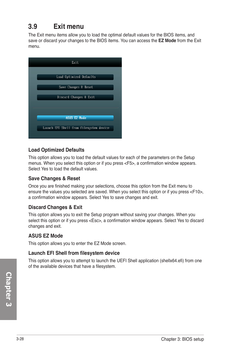 9 exit menu, Exit menu -28, Chapter 3 3.9 exit menu | Asus F2A85-M PRO User Manual | Page 94 / 165