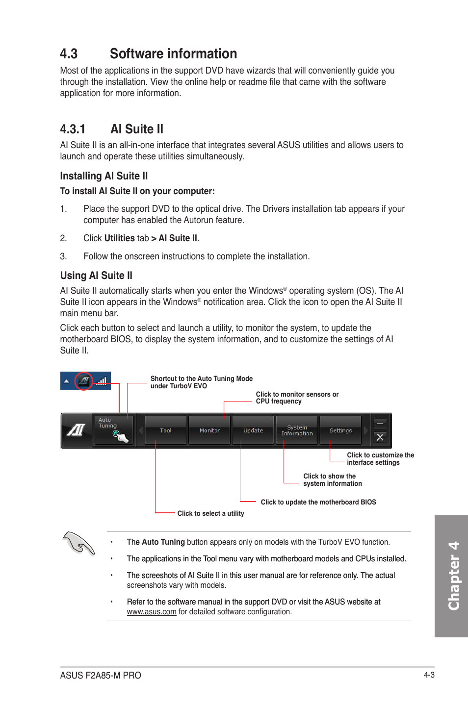 3 software information, 1 ai suite ii, Software information -3 4.3.1 | Ai suite ii -3, Chapter 4 4.3 software information | Asus F2A85-M PRO User Manual | Page 97 / 165