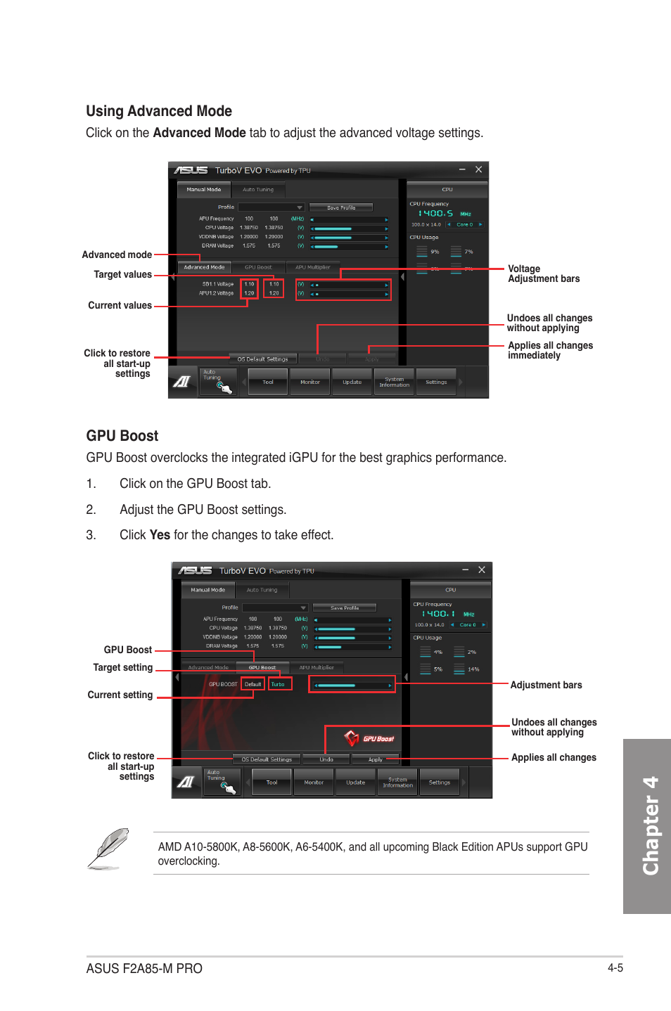 Chapter 4, Using advanced mode, Gpu boost | Asus F2A85-M PRO User Manual | Page 99 / 165