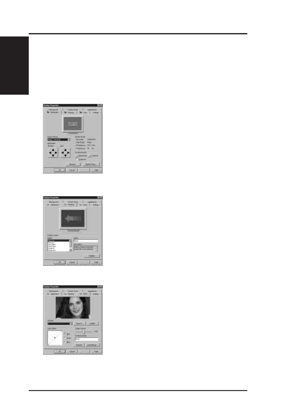 Vi. microsoft windows 95, Windows 95 display settings | Asus TX97-XV User Manual | Page 68 / 98