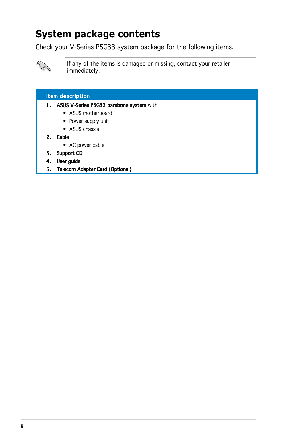 System package contents | Asus V3-P5G33 User Manual | Page 10 / 103