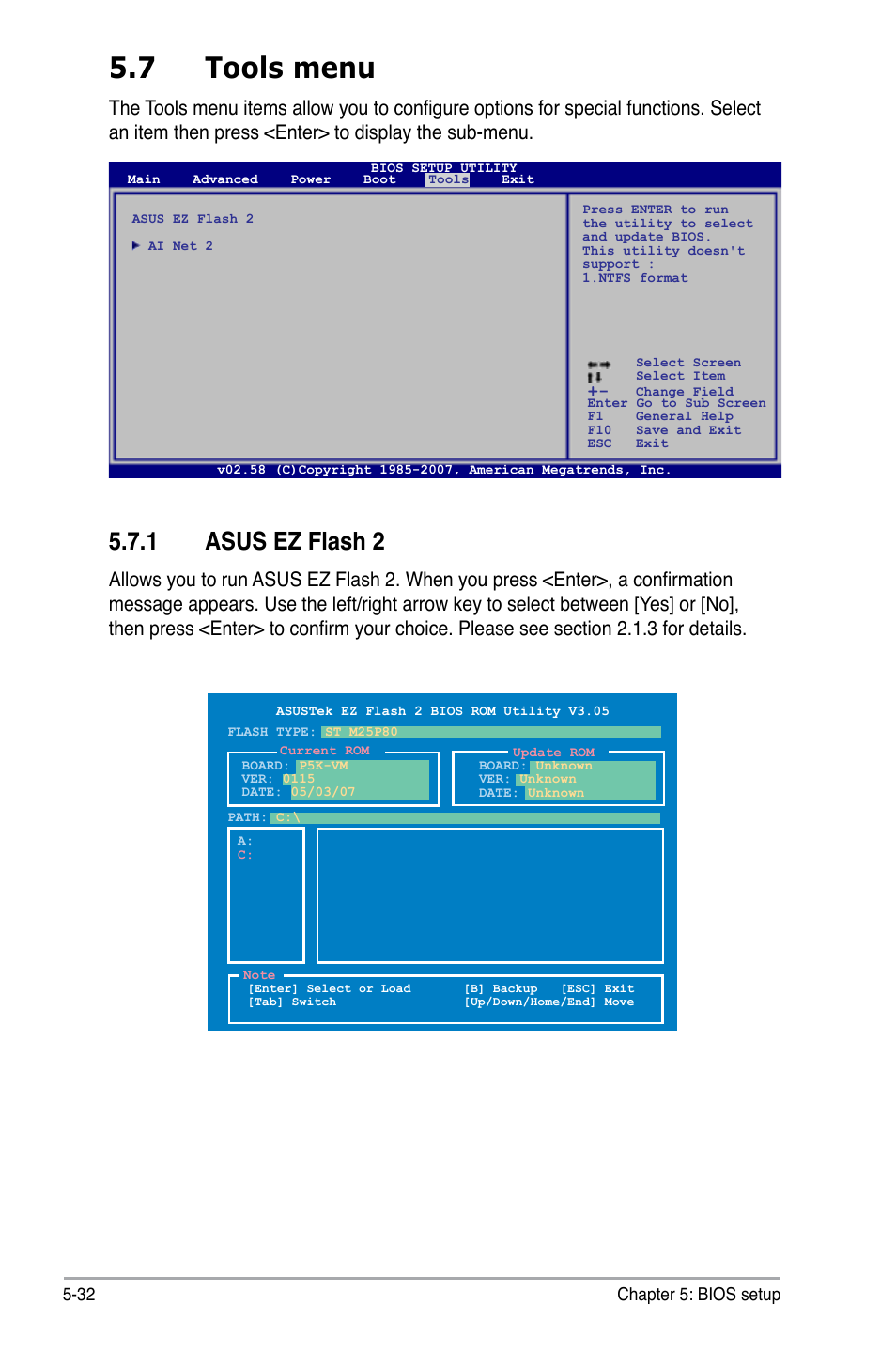 7 tools menu, 1 asus ez flash 2 | Asus V3-P5G33 User Manual | Page 101 / 103