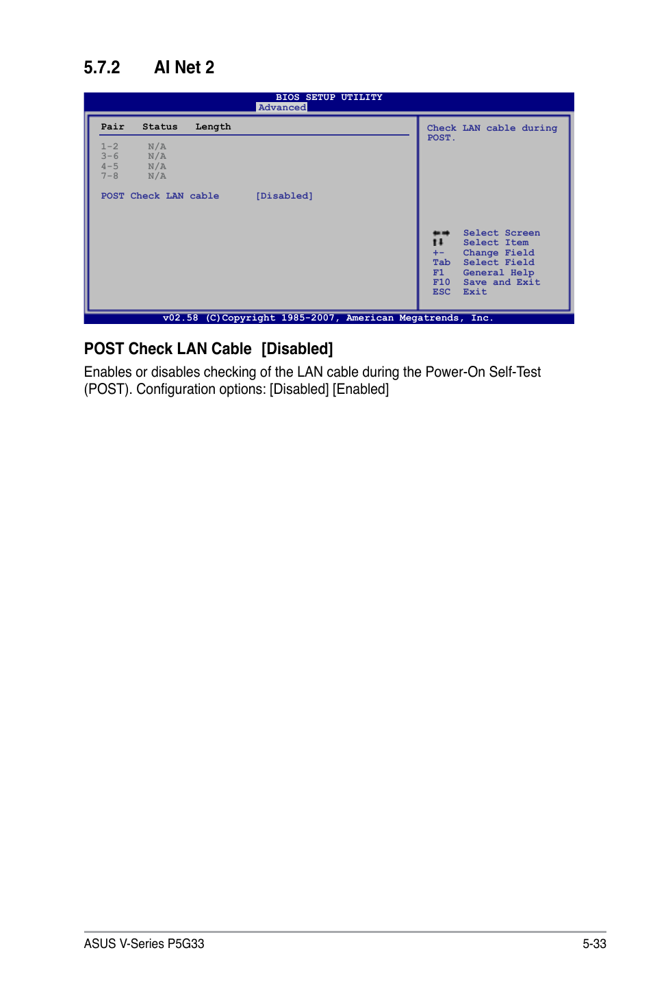 2 ai net 2, Post check lan cable [disabled | Asus V3-P5G33 User Manual | Page 102 / 103